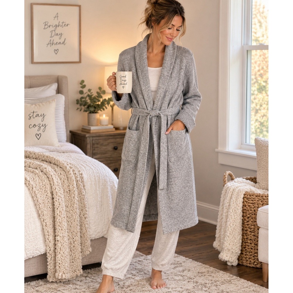 Victoria's Secret Robe M Gray Heavyweight Sweater Knit Belted Shawl Collar 38"